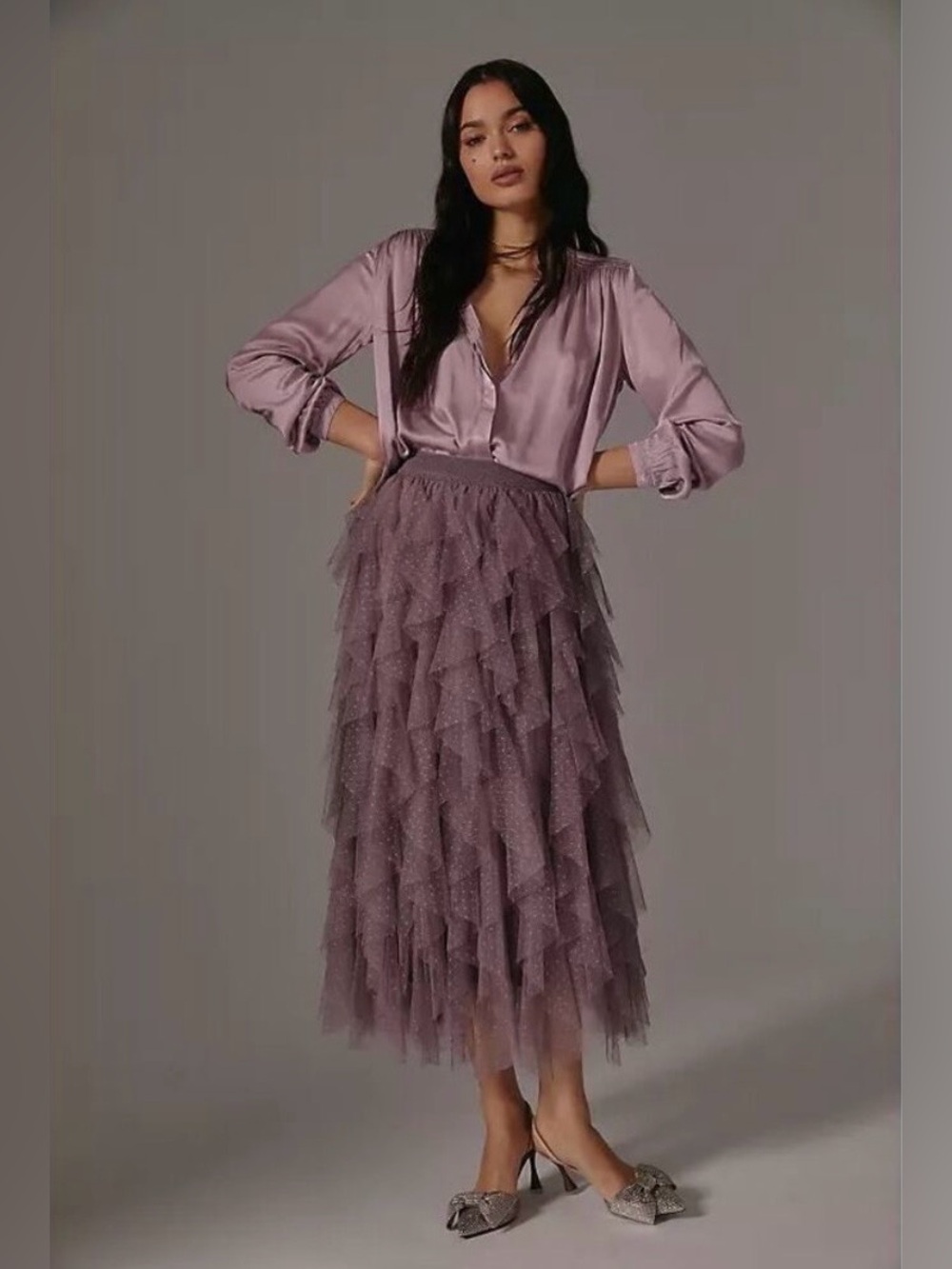 Anthropologie Skirt Womens Sz L Mauve Purple The Cheri Ruffled Tulle Midi